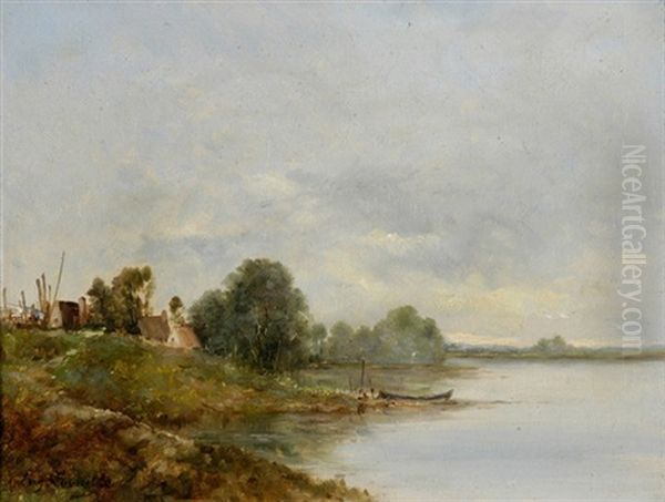 Uferlandschaft Mit Boot Und Hausern by Eugene Antoine Samuel Lavieille