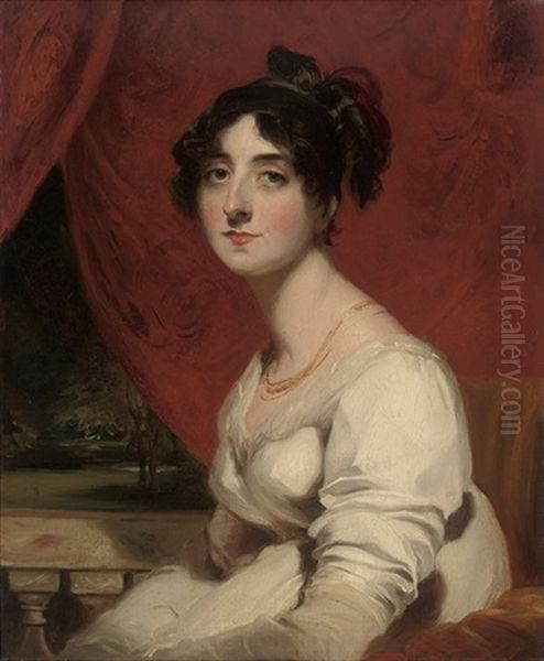 Portrait Of Mrs. Jeffrey Prendergast In A White Dress, Seated By A Balustrade Oil Painting - Thomas Lawrence