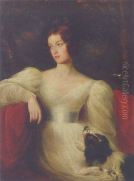 Portrait Of A Lady In A White Dress, Seated With A Dog By Her Side, In A Landscape by Thomas Lawrence