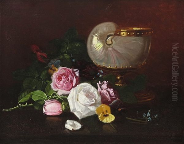 Still Life Of Flowers And A Decorative Shell by Edward Chalmers Leavitt