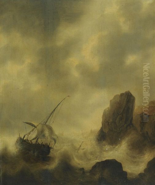 A Ship Foundering Off A Rocky Coast by Jacob Adriaensz. Bellevois