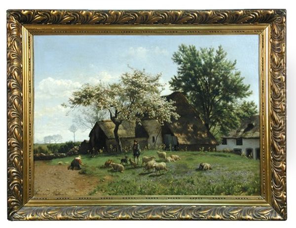 Pastoral Scene With A Shepherd And His Flock by Edmond Leclercq