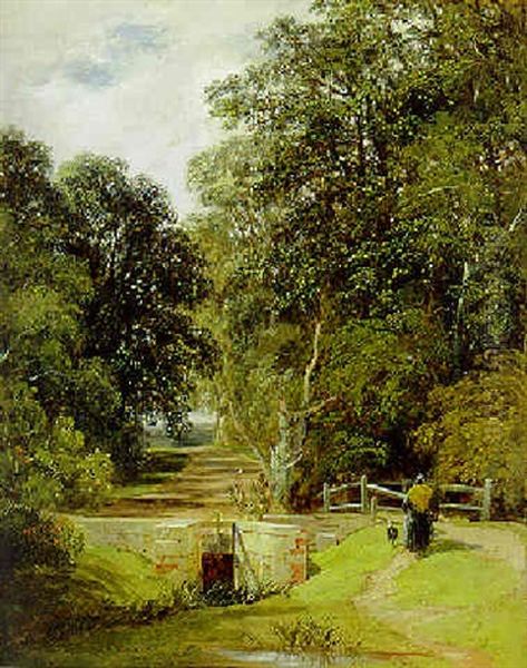 A Figure Before A Bridge In A Wooded Landscape by Frederick Richard Lee