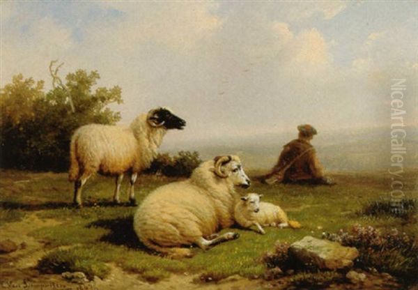 Berger Et Trois Moutons Dans Un Paysage by Cornelis van Leemputten