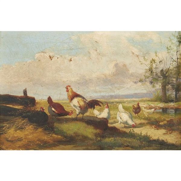 Roosters And Ducks In A Farmyard; And A Companion by Jef Louis Van Leemputten