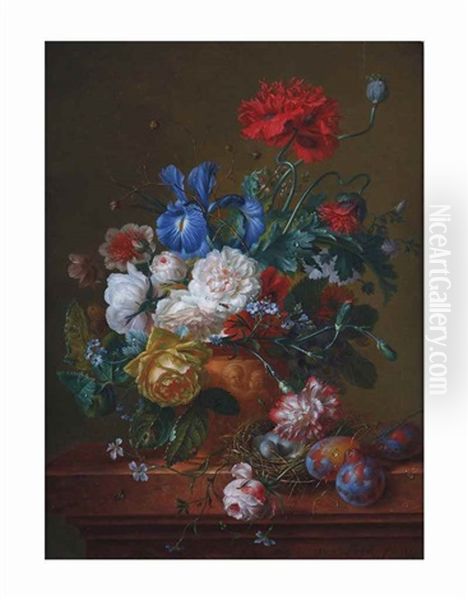 A Bouquet Of Roses, Poppies, Forget-me-nots, Irises And Carnations In An Earthenwear Vase With Prunes And A Bird's Nest On A Ledge by Willem van Leen