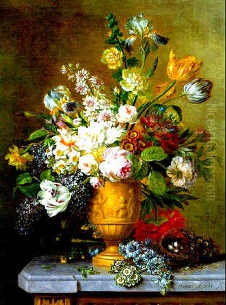 Roses, Tulips And Other Flowers In A Stone Vase With A Bird's Nest On A Marble Top Table by Willem van Leen