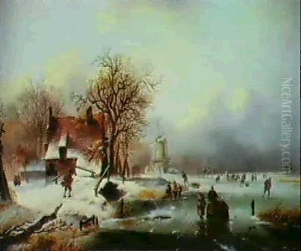 A Winter Scene With Skaters by Alexis de Leeuw