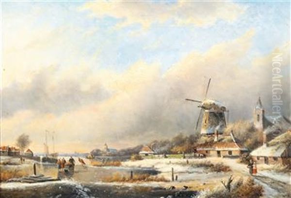 Dutch Winter Landscape With Skaters by Charles Henri Joseph Leickert