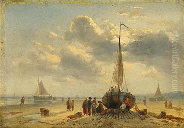 Aufliegende Boote Am Hollandischen Strand by Charles Henri Joseph Leickert