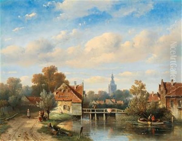 A Dutch Town On The Riverbank With Decorative Figures by Charles Henri Joseph Leickert