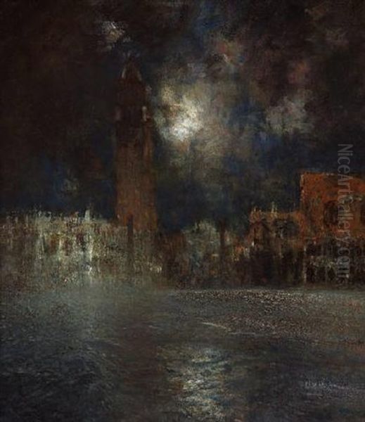 Die Piazetta Di San Marco Mit Dem Dogenpalast Bei Heller Mondnacht by Karl Leipold