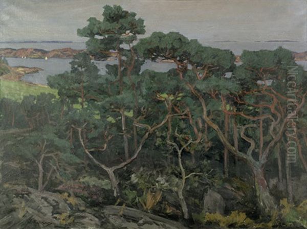 Schwedische Meereskuste Mit Verastelten Kiefern, Vorgelagerte Landzunge Und Segelboote by Walter Leistikow