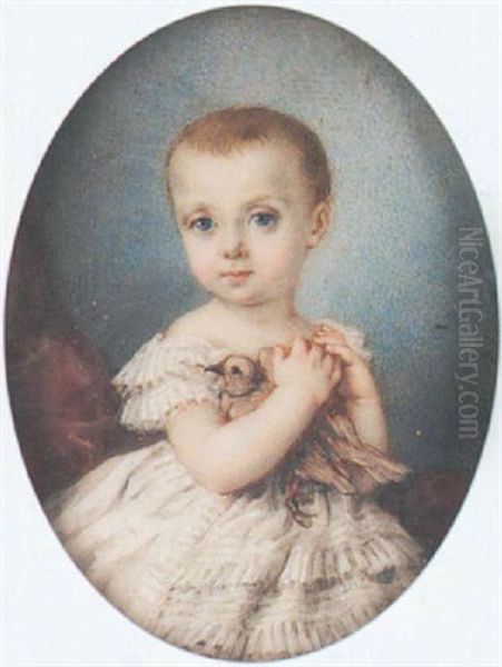 A Child Wearing Frilled White Dress With Short Sleeves, Clasping A Dove To Its Chest by Heloise Suzanne Colin Leloir