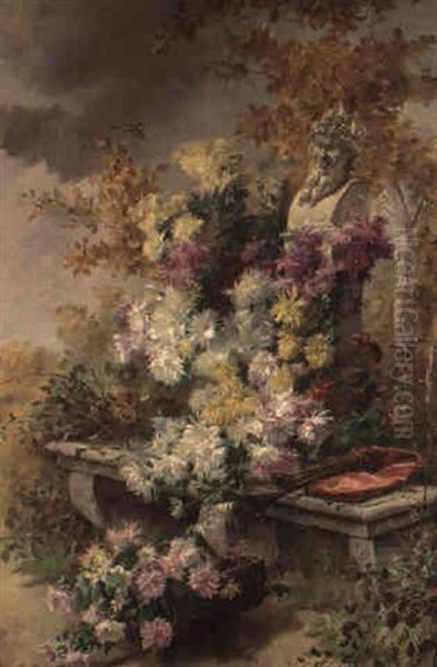 Dahlias With A Bust Of Pan In A Garden by Madeleine Jeanne Lemaire