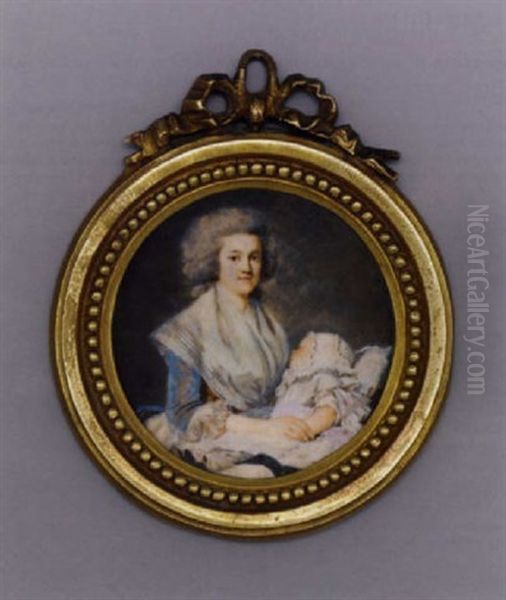 A Mother With Her Child At Her Breast In Orange Dress, White Fichu Scarf, Upswept Powdered Hair, The Child Wears White Dress With Pink Sash, White Bonnet by Jacques Antoine Marie Lemoine