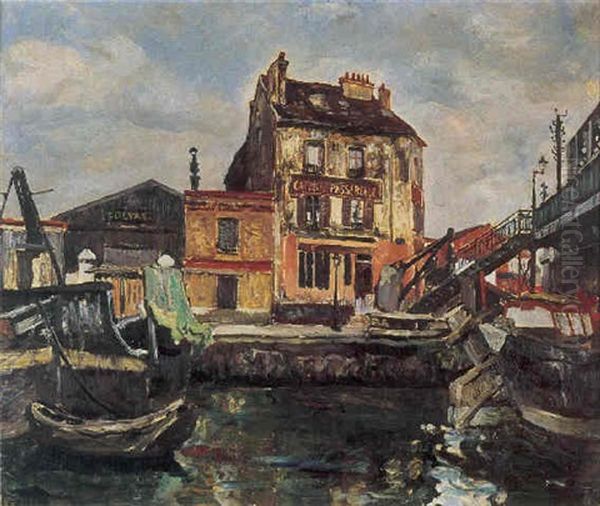 Le Cafe De La Passerelle Sur Le Canal De La Villette by Marcel Francois Leprin