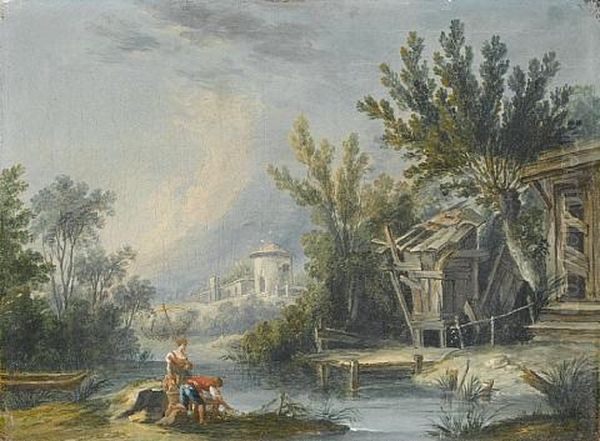 A River Landscape With A Couple Fishing By A Hut, A Village Beyond by Jean-Baptiste Leprince