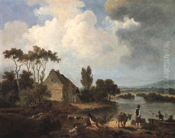 An Extensive Landscape With A Donkey And Fisherfolk by Jean-Baptiste Leprince