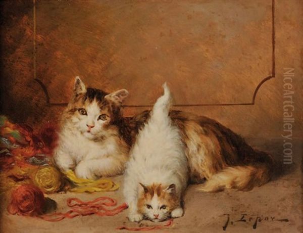 Deux Chats Jouant Avec Des Pelotes De Laine by Jules Leroy