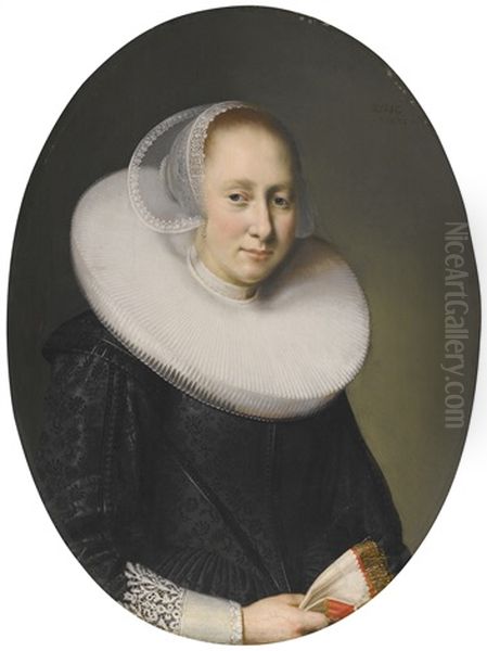 Portrait Of A Lady At The Age Of Eighteen, Half-length, Wearing A White Ruff And Holding A Pair Of Gloves With Red And Gold Trimmings by Paulus Lesire