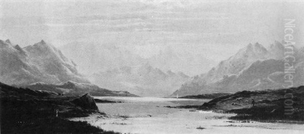 View Of A Loch, Figures On Shoreline by Charles Leslie