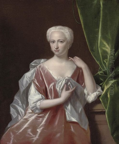 Portrait Of A Lady In A Pink Dress And Grey Mantle, By A Plinth, A Green Curtain Draped To Her Left by August Leu the Younger