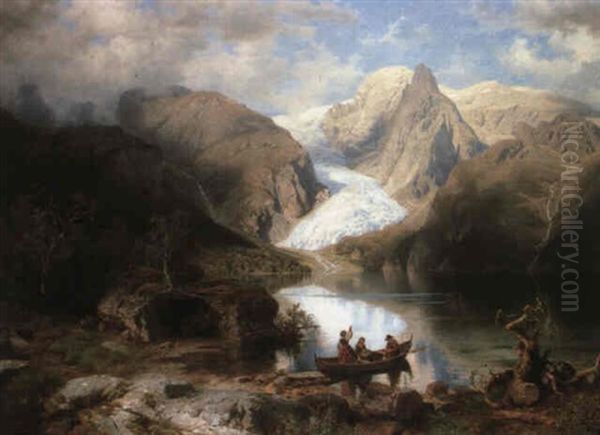 A View Of Gosau Lake With The Hohe Dachsteinglacher, Near   Salzburg by August Wilhelm Leu