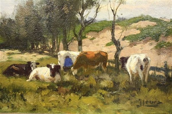 Boer Met Koeien In Landschap Achter De Duinen Rechtsonder Get by Johannes Karel Leurs