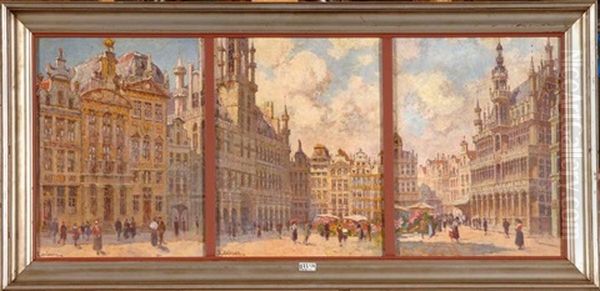 La Grand Place De Bruxelles Animee (triptych) by Sophus Theobald Levinsen