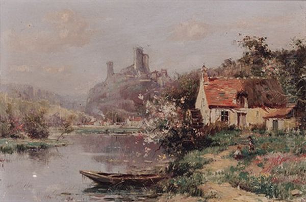 Flusslandschaft Im Fruhling Mit Alter Muhle, Bluhenden Buschen Und Malerischer Burgenansicht by Maurice Levis