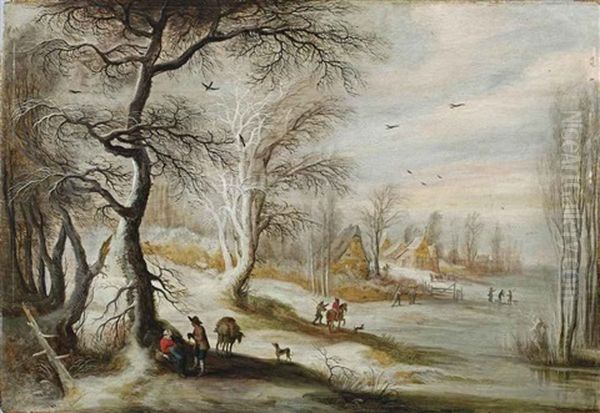 A Winter Landscape With A Woman And Woodmen On A Wooded Track, A Village Beyond by Gysbrecht Leytens