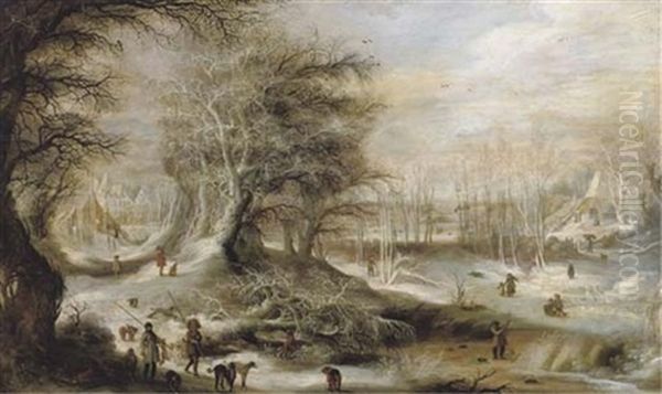 A Winter Landscape With Hunters On A Forest Track And Children Playing On A Frozen River, Villages Beyond by Gysbrecht Leytens