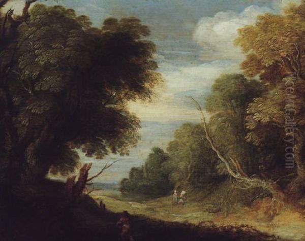 A Wooded Landscape With Travellers by Gysbrecht Leytens