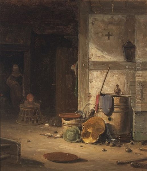 Country Kitchen With A Small Child In Walking Chair by Georg Emil Libert