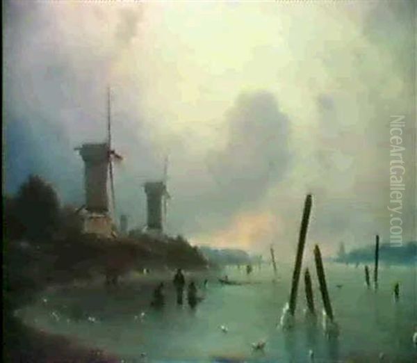 Winterszene Am Kanal (im Hintergrund Windmuhlen) by Georg Emil Libert