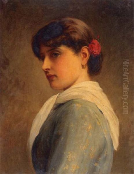 A Portrait Of A Young Woman With A Red Rose In Her Hair by Charles Sillem Lidderdale