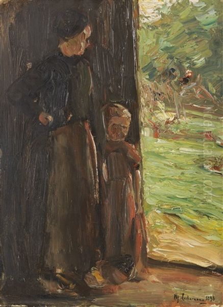 Bauerin Mit Kind Unter Der Tur - Frau Und Kind In Der Haustur by Max Liebermann