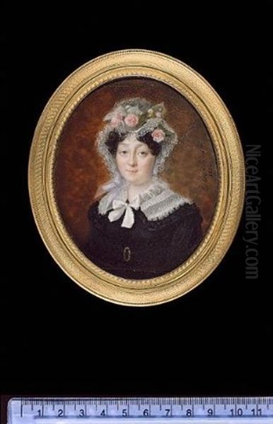 Mme Favart (nee Justin Duronceray) Wearing Black Dress With White Lace Collar Tied With A Bow, Her Lace Bonnet Adorned With Pink Roses by Jean Auguste Edouard Lienard