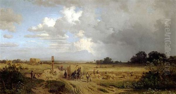 Heuernte In Oberbayern Bei Aufziehendem Gewitter by Adolf Heinrich Lier