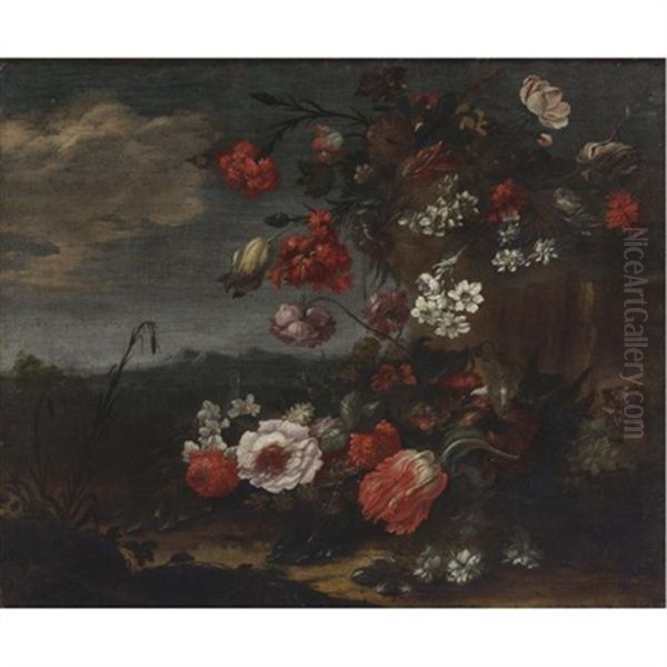 Still Life Of Roses, Tulips, Narcissus And Other Flowers In A Landscape by Bartolommeo Ligozzi