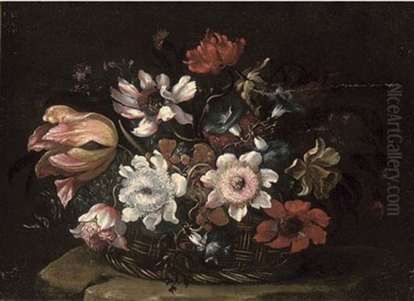 A Tulip, Morning Glory, Roses And Other Flowers In A Wicker Basket On A Stone Ledge by Bartolommeo Ligozzi