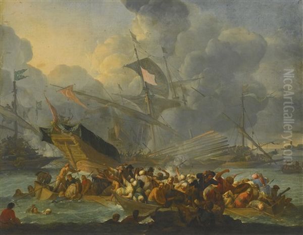 Battle Of Lepanto, 1571, With A Crowded Rowing Boat And Men Struggling To Shore In The Foreground by Johannes Lingelbach