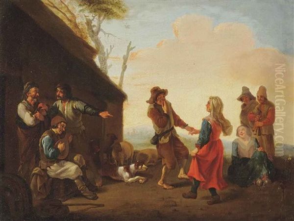 Peasants Playing Music And Dancing Outside An Inn by Johannes Lingelbach