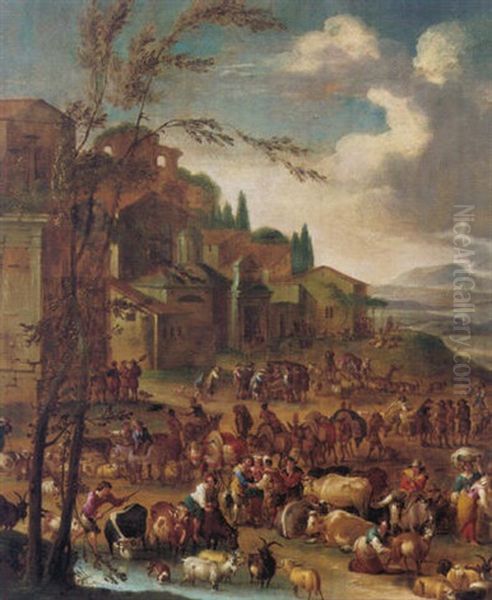 Market Day Outside An Italian Village by Johannes Lingelbach