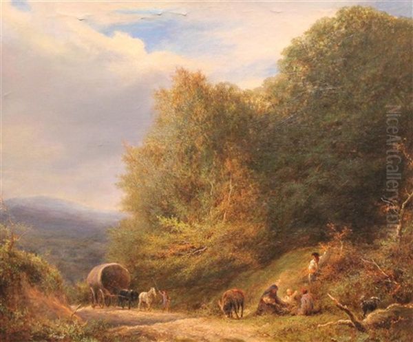 Family With Horse And Caravan On A Wooded Path by William Linnell