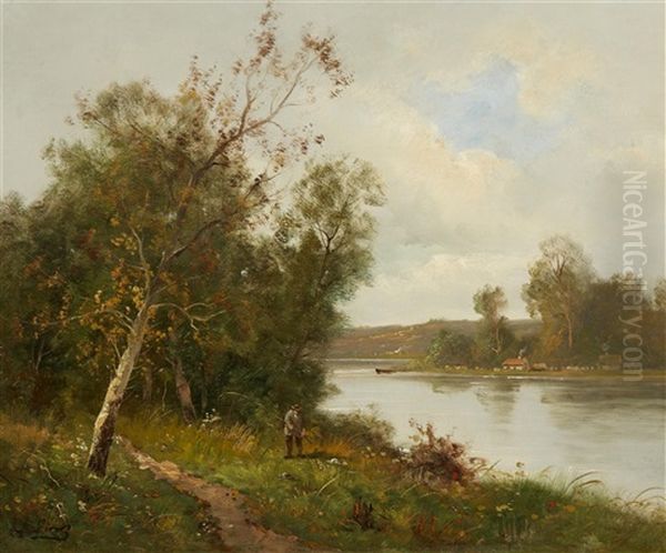 River Landscape With A Fisherman by Adolf Lins