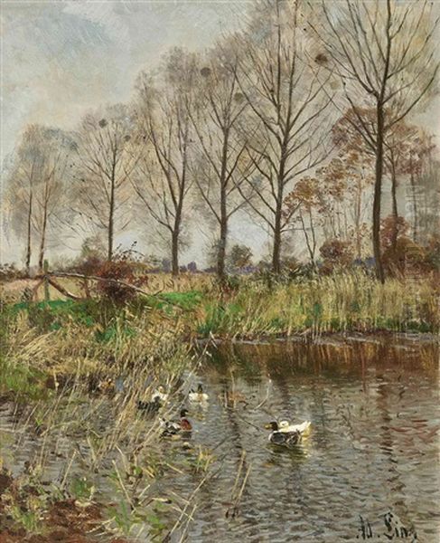 Ducks On A Pond by Adolf Lins