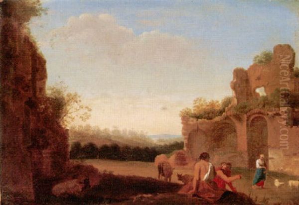 An Arcadian Landscape With Herders And Their Animals Before A Set Of Ruins by Jan (Hermafrodito) Linsen