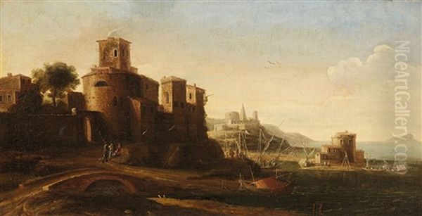 An Italian Landscape With A Fishing Port by Hendrick Frans van Lint